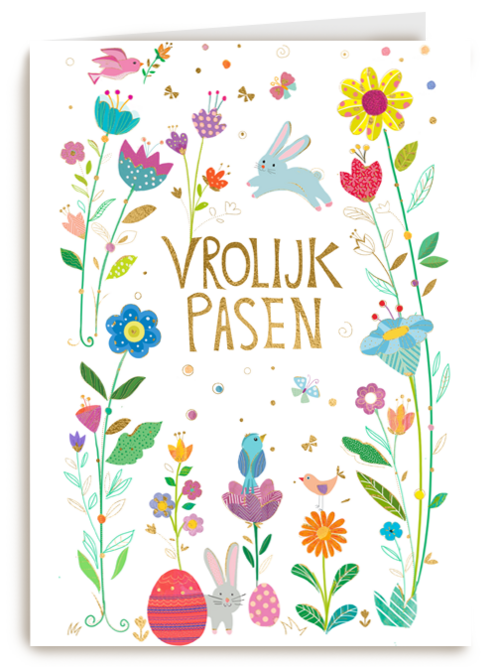 Paaskaart Vrolijk Pasen met bloemen