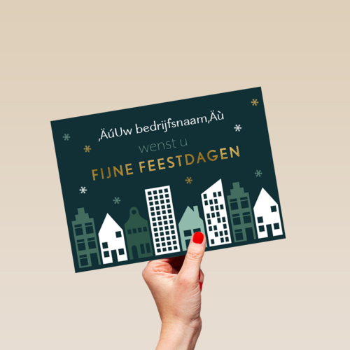 kerstkaart met een stad tijdens de nacht