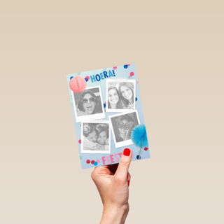 blauw roze hoera feestje kaart met confetti