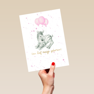 Babykaart dochter Zebra met roze ballonnen