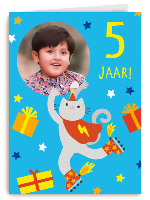 Feestende kat 5 jaar fotokaart