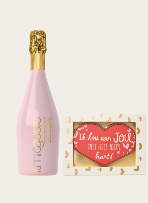 Giftset Chocolade Hart Ik Hou Van Jou Met Rose Prosecco Cadeau Chocolade |