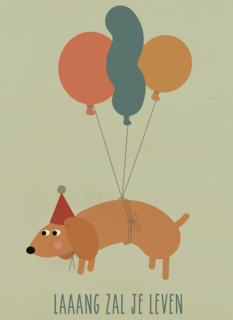 Verjaardagskaart teckel met ballonnen