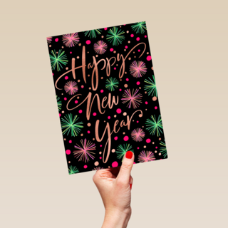 nieuwjaarskaart klassiek getekend vuurwerk happy new year