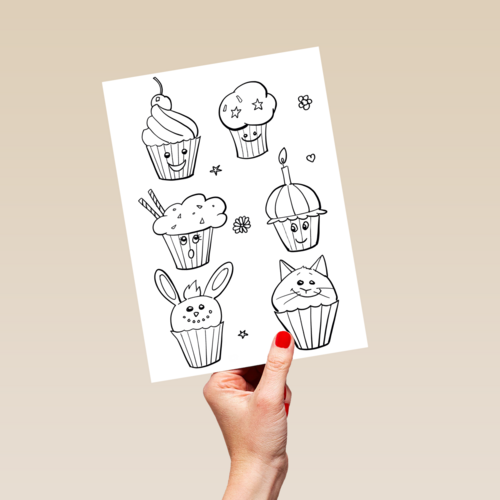 kleurplaat kaart cupcakes ziek thuis virus griep