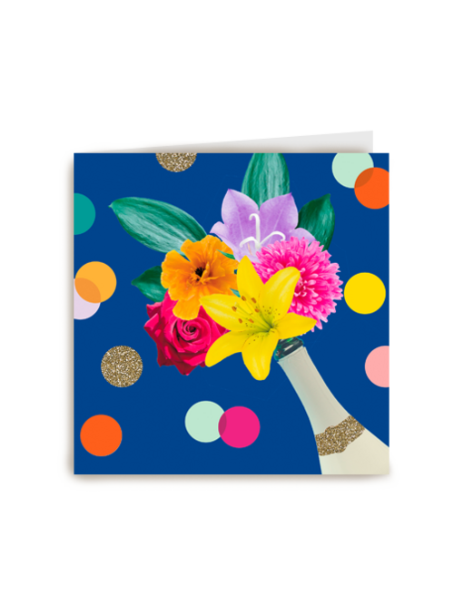 Felicitatiekaart champagne met bloemen